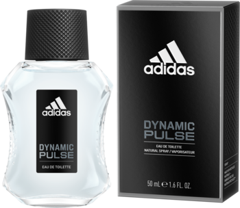 Męska woda toaletowa Adidas Dynamic Pulse 50ml, szklana butelka z czarną, teksturowaną nakrętką i pudełko.