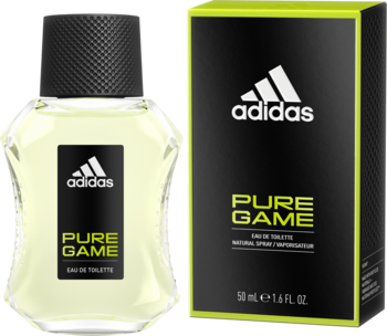 Adidas Pure Game EDT dla mężczyzn: przezroczysta butelka z żółtym płynem i czarną etykietą, obok czarnego pudełka z zielonymi akcentami.
