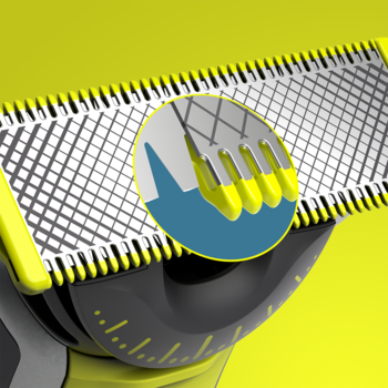 Zielono-czarne ostrze golarki OneBlade 360 w zbliżeniu, z metaliczną siatką i elastyczną technologią.