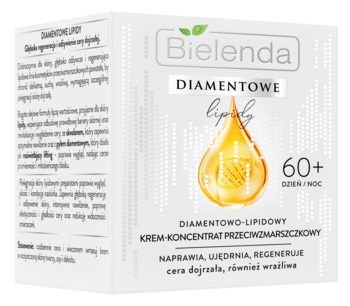 Bielenda Diamentowe Lipidy krem-koncentrat 60+ w białym pudełku z połyskującą złotą kroplą, widok z przodu.