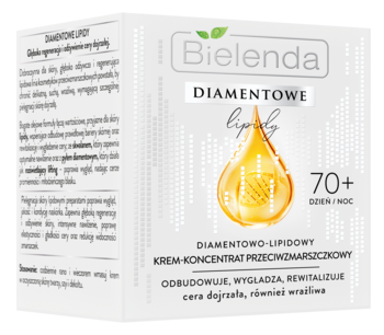 Bielenda Diamentowe Lipidy 70+ krem przeciwzmarszczkowy, biały kartonik z grafiką złotej kropli, widok z przodu.