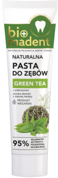 Tubka pasty Bio madent Green Tea, naturalna pasta do zębów z prebiotykiem, 95% składników naturalnych, widok z przodu.