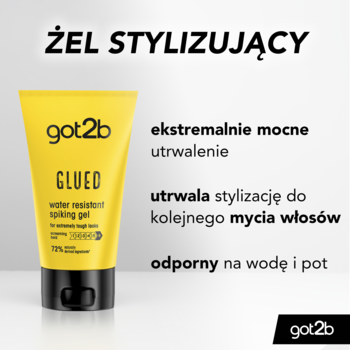 Żółta tubka got2b GLUED water resistant spiking gel do włosów, ekstremalnie mocne utrwalenie, widok z przodu.