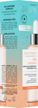 Boczny widok opakowania serum Eveline 5% Kofeina na opuchnięcia i cienie pod oczami.