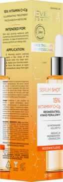 Tył pomarańczowego opakowania serum Eveline 15% Witaminy C+Cg, z opisem zastosowania i składników rozświetlających.