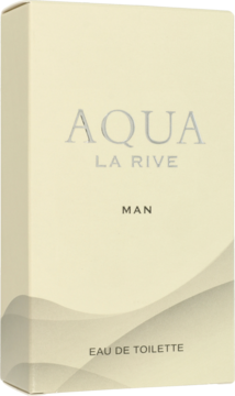 La Rive Aqua Man woda toaletowa dla mężczyzn w jasnym, kremowym opakowaniu z srebrnymi napisami, widok z przodu.