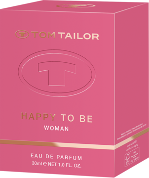 Różowe pudełko perfum Tom Tailor Happy To Be Woman EDP 30ml z wytłoczonym logo T i złotym paskiem, widok z przodu.