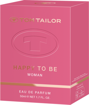 Różowe, błyszczące pudełko perfum Tom Tailor Happy To Be Woman EDP, widok z przodu pod kątem, ze złotymi detalami.