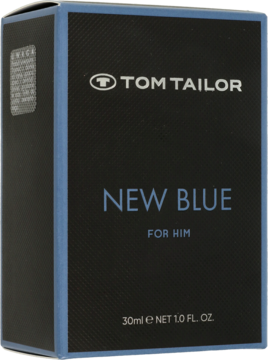 Tom Tailor New Blue woda toaletowa dla mężczyzn, czarne pudełko z niebieskimi bokami, widok z przodu i boku.