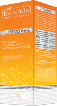 Bielenda Professional Supremelab: energizujący krem nawilżający z witaminą C, pomarańczowo-białe pudełko, widok przodu i boku.