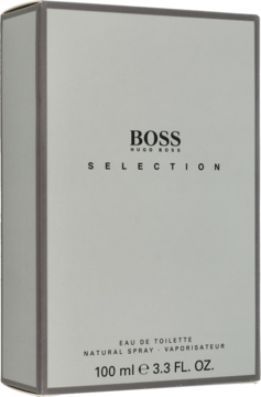 Srebrne pionowe pudełko męskiej wody toaletowej Hugo Boss Selection 100ml, widok z przodu z czarnym napisem.