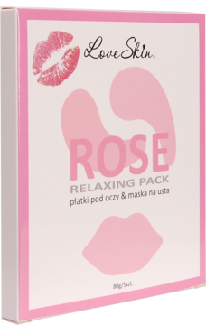 LoveSkin Rose Relaxing Pack, różowe pudełko z hydrożelowymi płatkami pod oczy i maską na usta, widok z przodu.