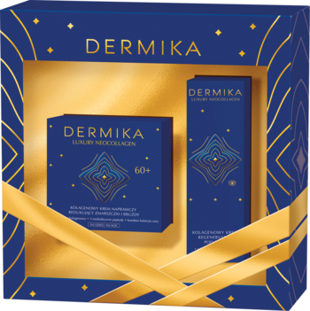 Dermika Luxury Neocollagen 60+, zestaw kremów przeciwzmarszczkowych. Granatowe pudełko prezentowe ze złotą wstążką.