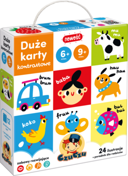 Duże karty kontrastowe Czuczu 6+/9+, pudełko z barwnymi ilustracjami zwierząt i napisami dźwięków.