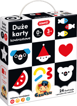 Pudełko Dużych kart kontrastowych CzuCzu dla niemowląt 0+, czarno-białe z zabawnymi obrazkami zwierząt i kształtów.