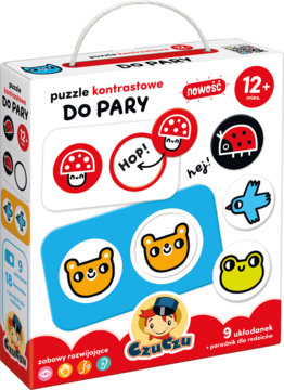 Pudełko puzzli kontrastowych DO PARY Czuczu, białe z ilustracjami grzybów i misiów, widok z przodu.