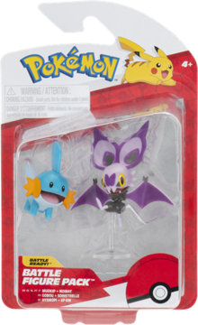 Pokemon figurki Mudkip i Noibat w opakowaniu Battle Figure Pack, z logo i Pikachu na froncie.