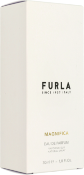 Białe, prostokątne pudełko perfum Furla Magnifica 30ml, widok pod kątem, czarne logo, złote litery.