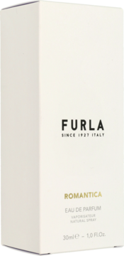 Białe pudełko perfum Furla Romantica EDP 30ml, widok z przodu, z czarnymi i złotymi napisami.