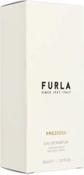 Pionowe białe pudełko perfum Furla Preziosa 30ml, z czarnym i złotym napisem, widok z przodu.