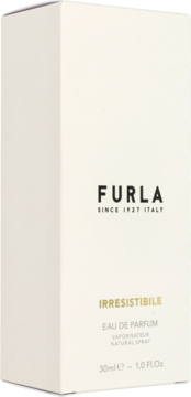 Furla Irresistibile woda perfumowana dla kobiet 30ml, białe pudełko ze złotym napisem, widok z przodu.