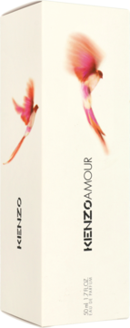 Białe pudełko perfum Kenzo Amour 50ml EDP z grafiką latających różowych ptaków, widok przód-bok.
