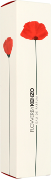 Prostokątne pudełko Flower by Kenzo eau de parfum, ecru z nadrukiem czerwonych maków, widok pod kątem.