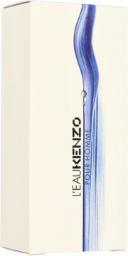 Białe pudełko perfum Kenzo L'Eau Pour Homme z niebieskim pionowym wzorem fali, widok z przodu i boku.