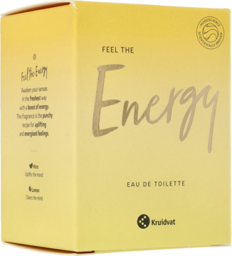 Damska woda toaletowa Kruidvat Feel the Energy, żółte pudełko z napisem Energy, o zapachu mięty i cytryny.