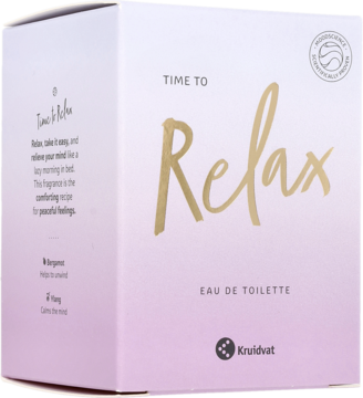 Kruidvat Time to Relax, woda toaletowa bergamotka i ylang-ylang, fioletowe pudełko, widok przód-bok.
