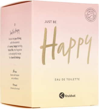 Pudełko wody toaletowej Kruidvat Just Be Happy, różowo-żółty gradient, złoty napis Happy. Widok pod kątem.