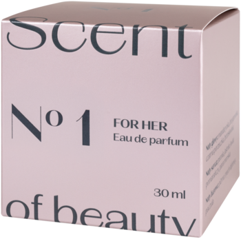Jasnoróżowy kartonik wody perfumowanej Scent of beauty N1 dla kobiet, 30 ml, widok z przodu i boku.