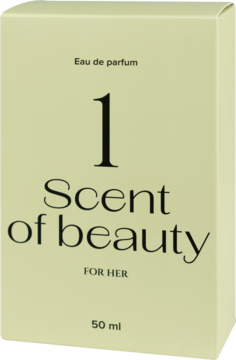 Scent of beauty N1 woda perfumowana dla kobiet, matowe, jasnobeżowe opakowanie 50ml, widok z przodu pod kątem.