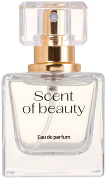 Scent of beauty woda perfumowana dla kobiet w przezroczystej butelce ze złotym atomizerem, ujęcie frontalne.