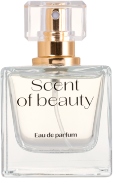 Scent of beauty woda perfumowana, przezroczysta butelka z napisem "Scent of beauty Eau de parfum", widok z przodu.