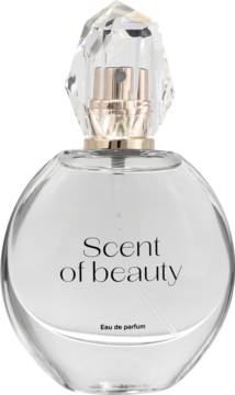 Przezroczysta butelka Scent of beauty z wodą perfumowaną dla kobiet, z fasetowanym korkiem, widok z przodu.