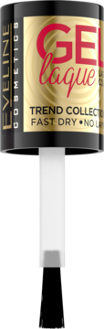 Aplikator lakieru Eveline Gel Laque, Fast Dry, z białą rączką i czarnymi włoskami, wystający z butelki.