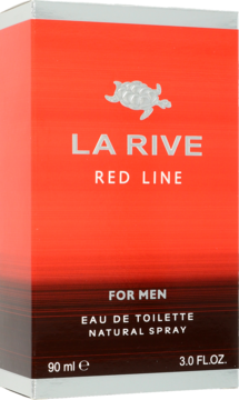 La Rive Red Line męska woda toaletowa 90ml, czerwono-czarne pudełko z logo żółwia, widok z przodu.