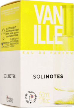 Front biało-żółtego opakowania damskiej Solinotes Vanilla Eau de Parfum 50ml, z logo.