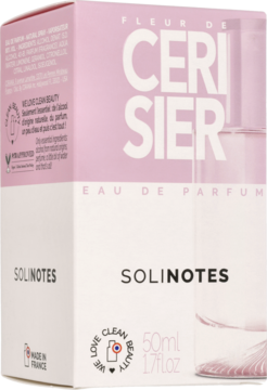 Damska woda perfumowana Solinotes Cherry Blossom 50ml, różowe opakowanie i butelka, widok z przodu z tekstem FLEUR DE CERISIER.