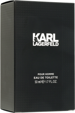 Karl Lagerfeld Pour Homme w czarnym, prostokątnym pudełku 50ml, widok z przodu z białymi napisami.