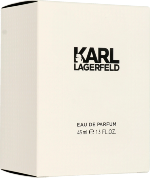 Białe, prostopadłościenne pudełko perfum Karl Lagerfeld 45ml, widok z przodu i boku, z czarnym logo marki.