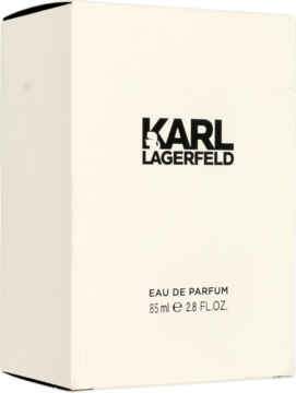 Karl Lagerfeld kwiatowo-owocowa woda perfumowana, kremowe pudełko z czarnym logo, widok z przodu pod kątem.