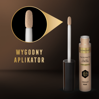 Max Factor Facefinity All Day Flawless korektor, zbliżenie na wygodny aplikator i butelkę z napisem WYGODNY APLIKATOR.