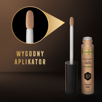 Max Factor Facefinity korektor, otwarta butelka z wyciągniętym aplikatorem; obok zbliżenie na wygodną końcówkę.