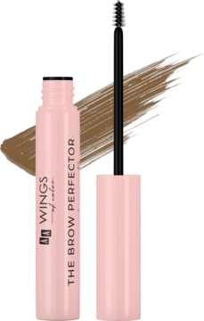 Żel do brwi The Brow Perfector 01 Light Brown w otwartej różowej tubce z aplikatorem i brązową smugą.