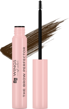 Żel koloryzujący do brwi The Brow Perfector 02 Medium Brown. Różowa tubka, szczoteczka i brązowy swatch.