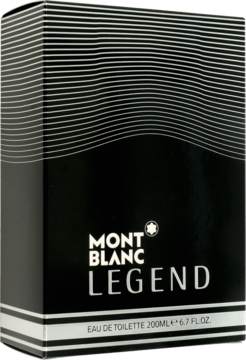 Czarno-białe opakowanie wody toaletowej Montblanc Legend 200ml z falistym wzorem, widok z przodu pod kątem.