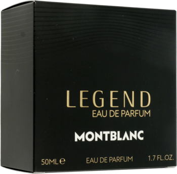 Czarne prostokątne pudełko Montblanc Legend Eau de Parfum 50ml, ze złotymi napisami, widok frontalny pod kątem.