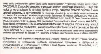 Biała etykieta ostrzegawcza tamponów Kotex Ultrasorb Super z czarnym tekstem o Zespole Wstrząsu Toksycznego (TSS).
